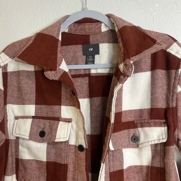 H&M Men’s Rust Burgundy Plaid Flannel Shacket Shirt Jacket Size M - Picture 5 of 12